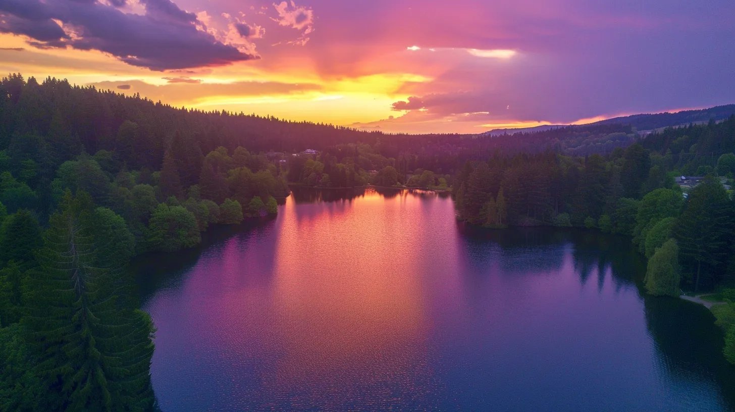 Large Wall Decor Trends to Refresh Your Space 2 a vibrant sunset paints the sky in hues of orange and purple, casting a warm glow over a tranquil lake surrounded by lush green trees, creating a peaceful and reflective atmosphere.