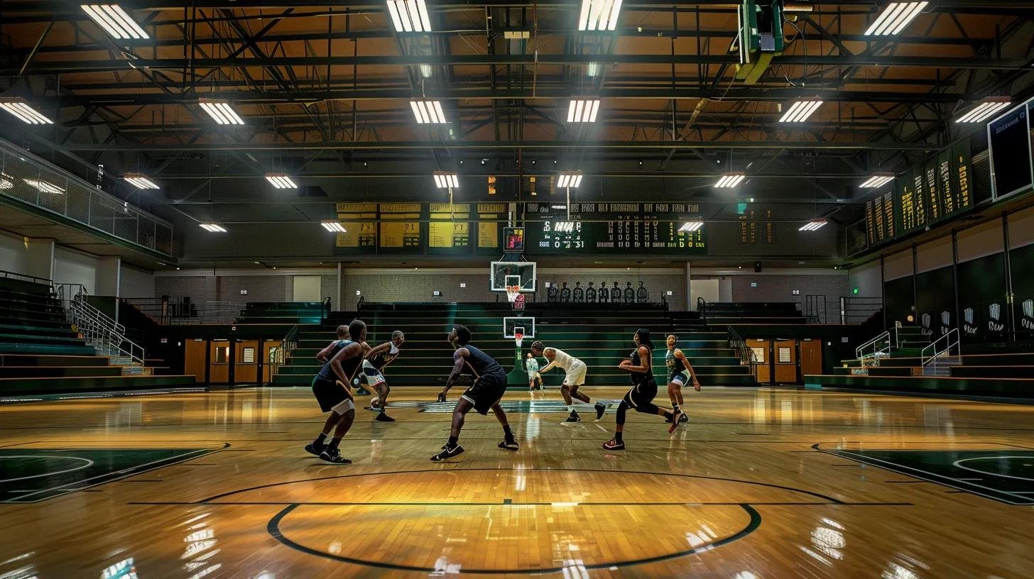 Innovative Bubble Wall Designs for Any Environment 9 a dynamic, modern basketball court adorned with historic stetson university branding, showcasing a diverse team of players in mid-action, fueled by a palpable sense of momentum and competitive spirit.
