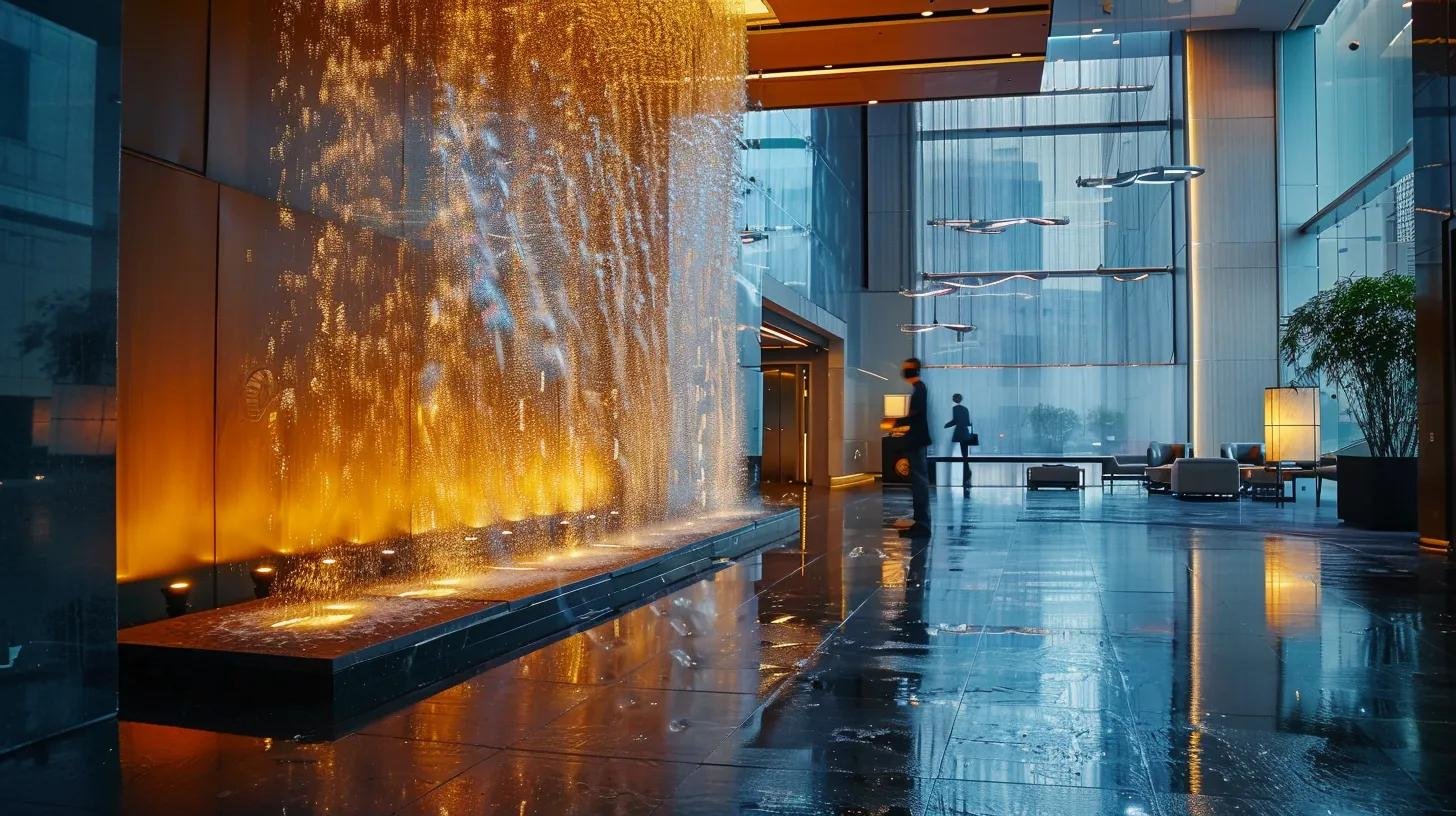 Why Choose a Floor Standing Water Bubble Wall for Your Home 6 a sleek corporate lobby features a stunning floor standing water bubble wall, elegantly illuminated to enhance the upscale atmosphere while reflections of stylish furnishings and bustling guests create a vibrant, inviting ambience.