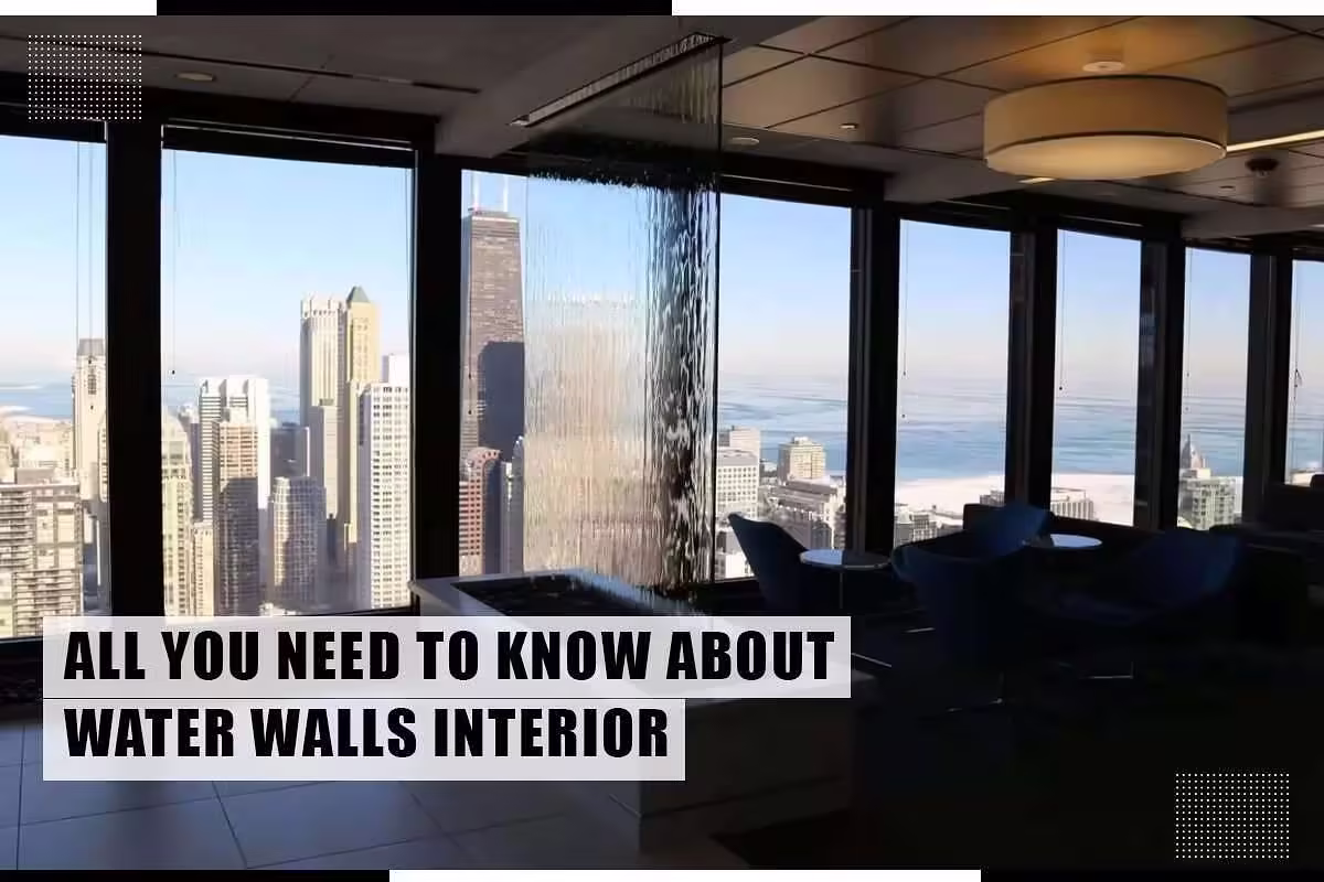 Indoor water wall feature with skyline view, enhancing commercial space aesthetics, emphasizing water walls interior design.