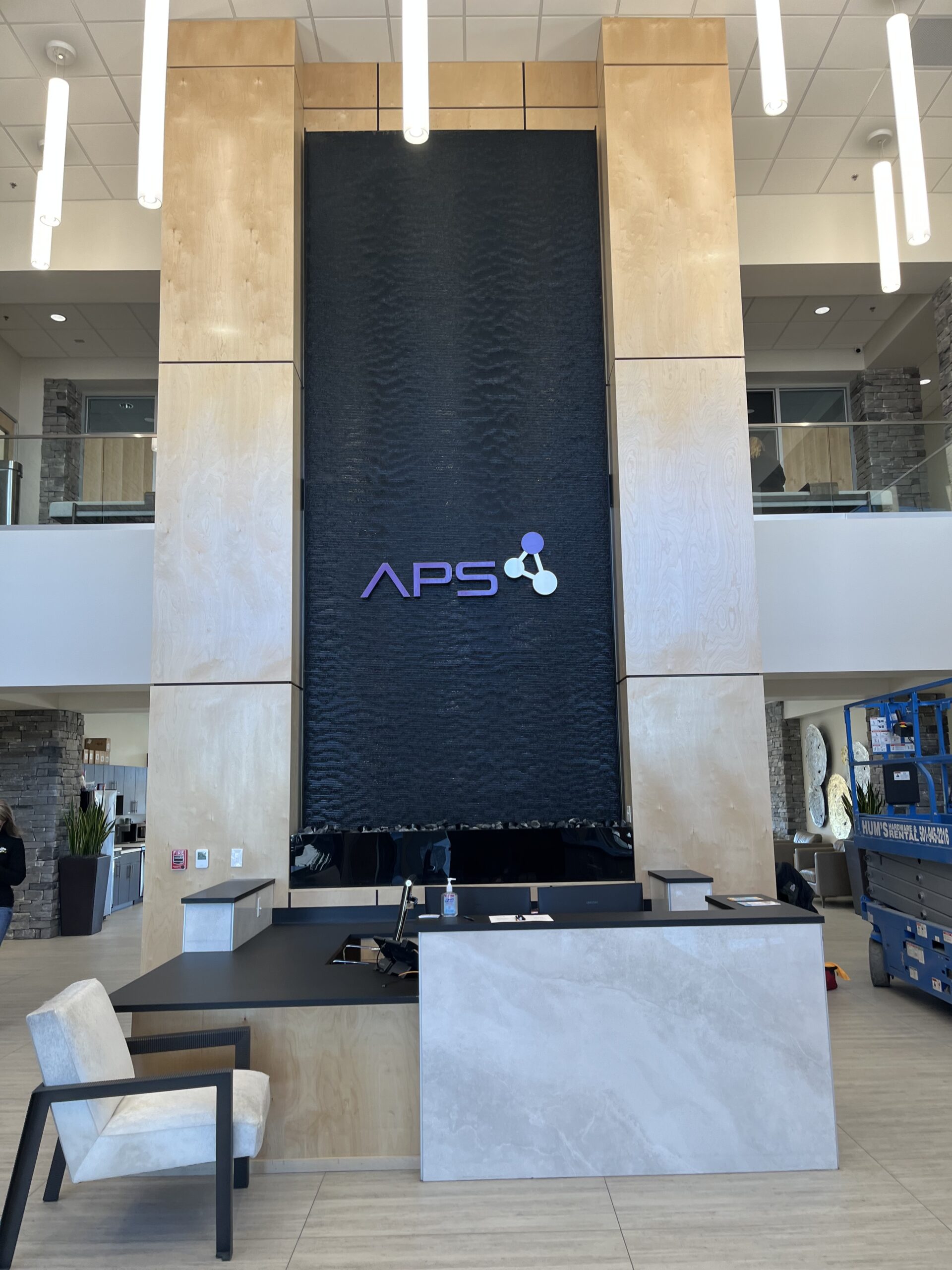 Acrylic Water Features 38 Black Scored Acrylic Water Wall with Logo for Advanced Pathology Solutions APS in Little Rock Arkansas 2 scaled
