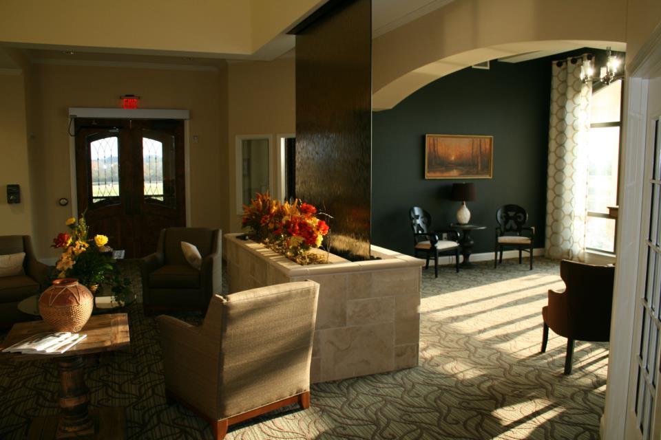 Glass Water Features 86 Bronze Glass Waterfall Live Oak Senior Care in Montgomery Houston Area Texas frameless glass water wall in lobby