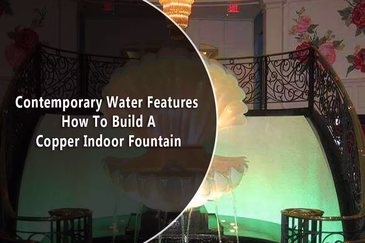 Contemporary copper indoor fountain design featuring a decorative shell shape, illuminated with green lighting, set against an elegant backdrop, highlighting indoor water features for home decoration.