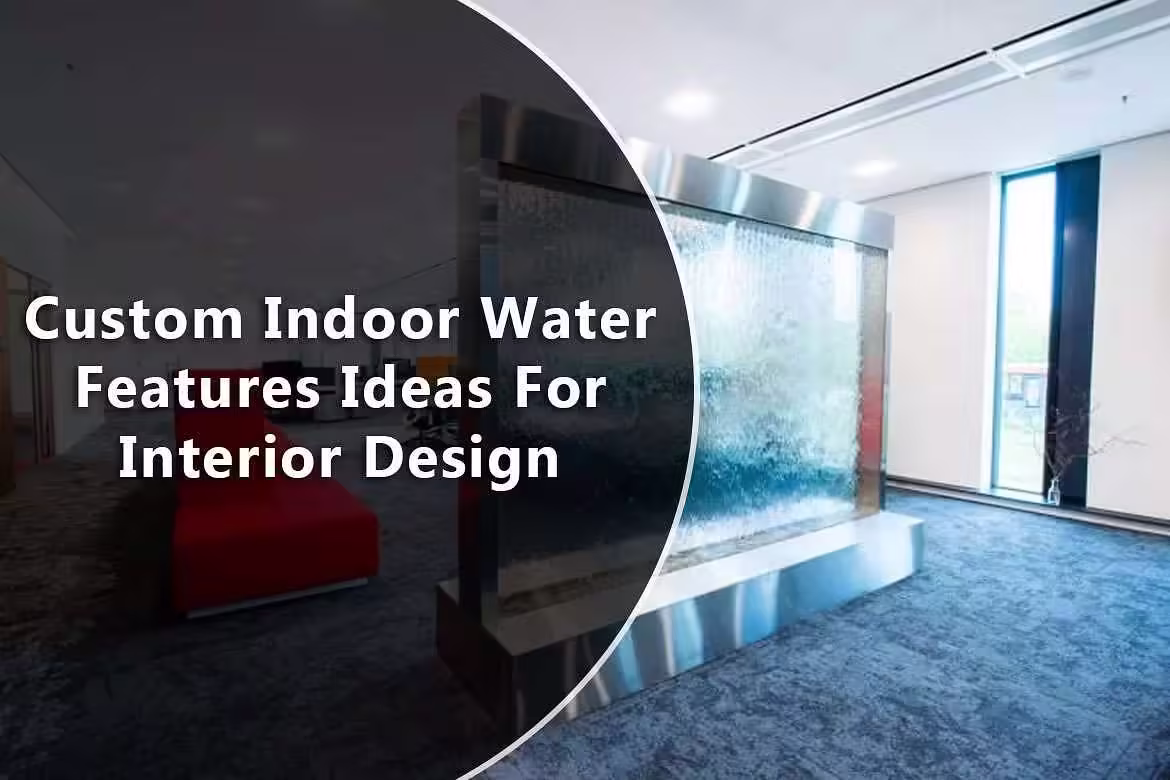 Custom indoor waterfall feature in modern interior design, showcasing a sleek glass wall with flowing water, complemented by contemporary furnishings in a spacious environment.