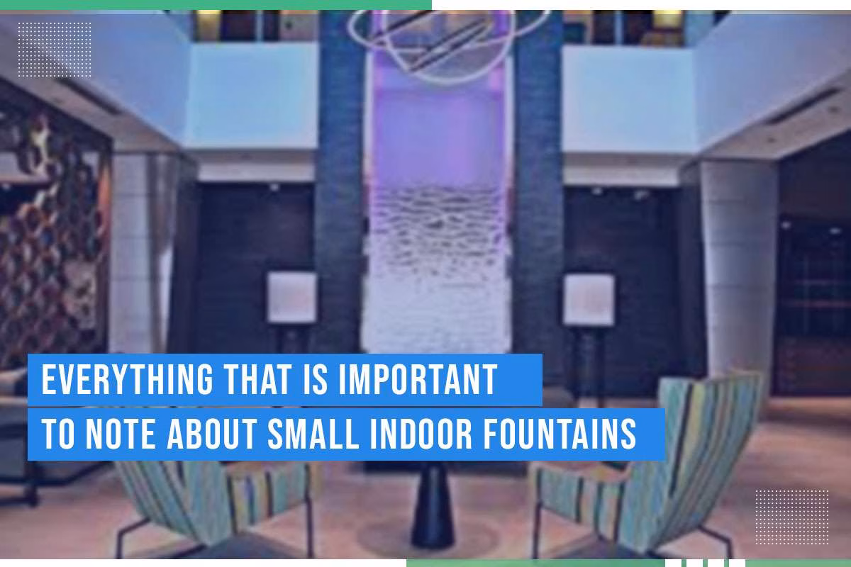 Indoor fountain feature in modern setting, highlighting design elements relevant to small indoor fountains, with colorful water display and contemporary seating.