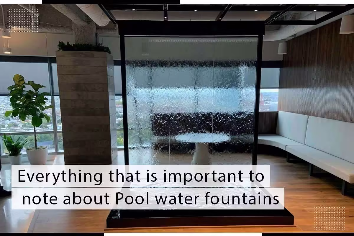 Indoor water fountain display with a modern design, featuring a transparent water wall, surrounded by greenery and seating, emphasizing relaxation and aesthetic appeal in home decoration.