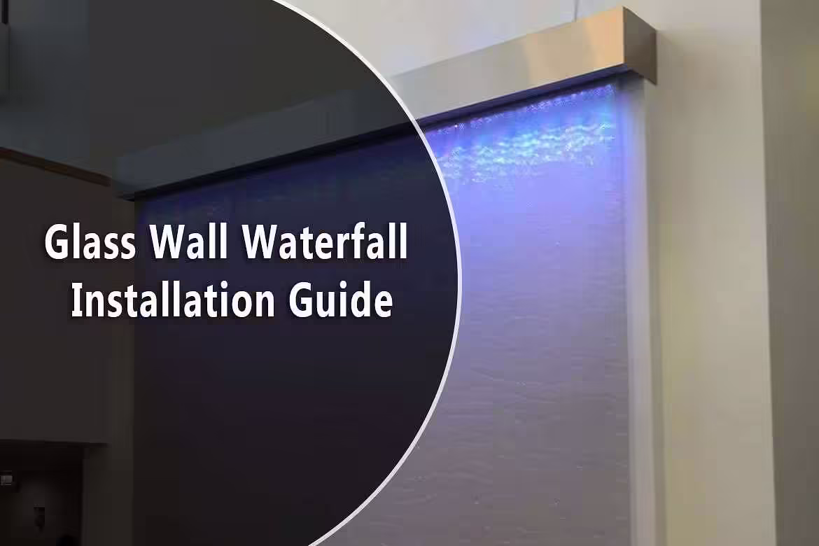 Glass wall waterfall installation guide featuring illuminated water flow, enhancing indoor water feature design.