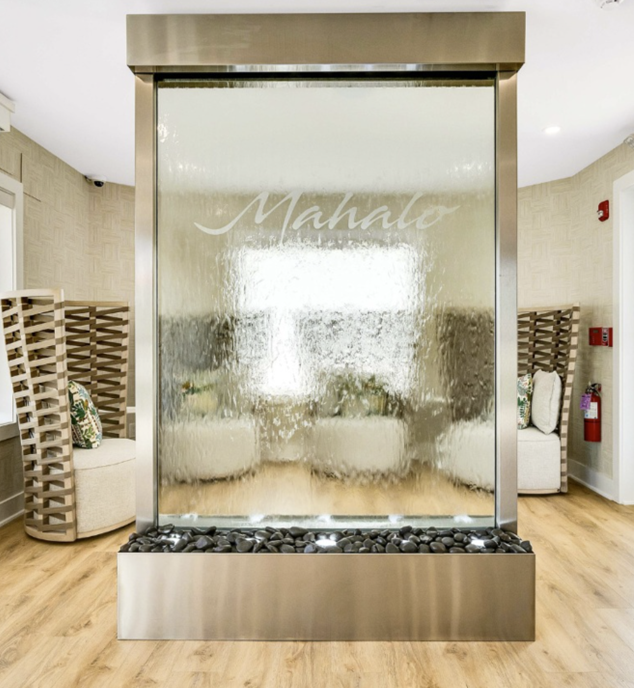 Glass Water Wall with Stainless Steel Frame and Etched Logo for Mahalo Hotel Cape May, New Jersey
