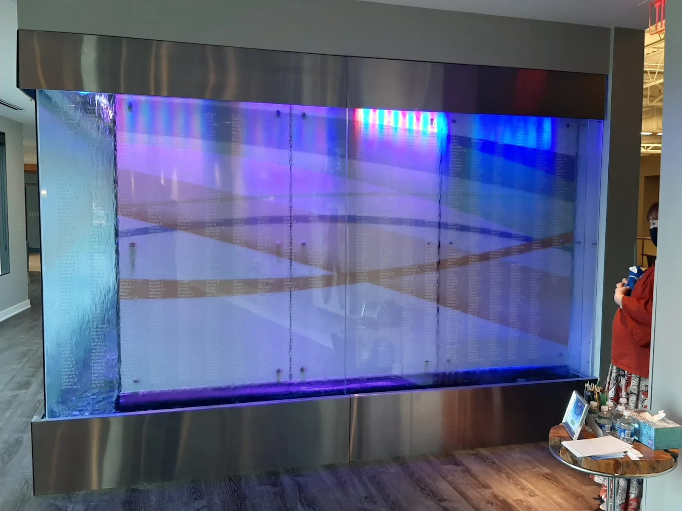 Glass Water Features 84 Glass Water Wall with Vinyl Logo Enclosed Indiana Donor Network 3