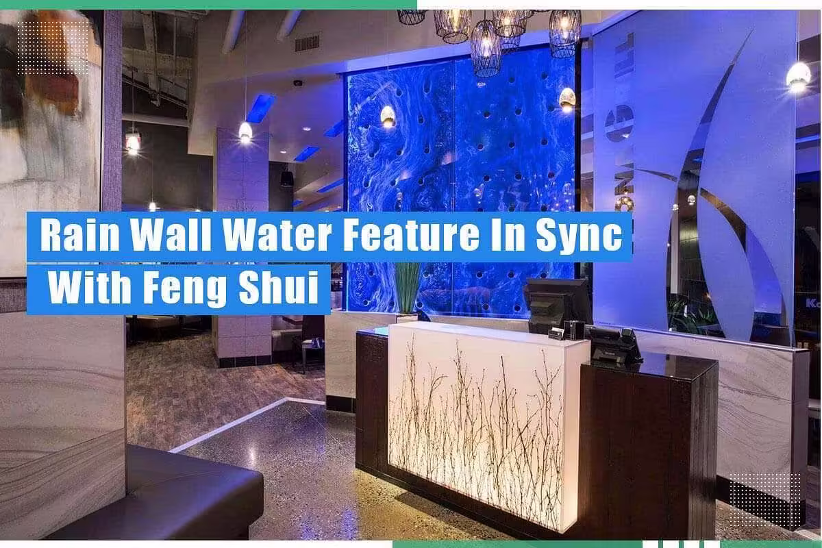 Rain wall water feature with blue lighting, enhancing indoor ambiance in a modern setting, showcasing Feng Shui principles.