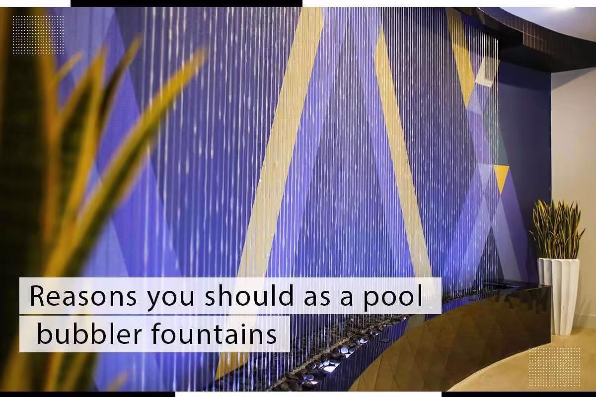 Pool bubbler fountain with cascading water, modern geometric design, and decorative plant, highlighting benefits of water features for outdoor spaces.