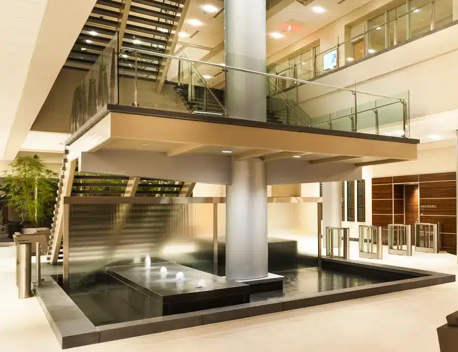 Specialty Fountains 45 Reflection Pool with Bubbler Jets and Glass Water Wall with Stainless Steel at PSECU Credit Union in Harrisburg Pensylvania 3