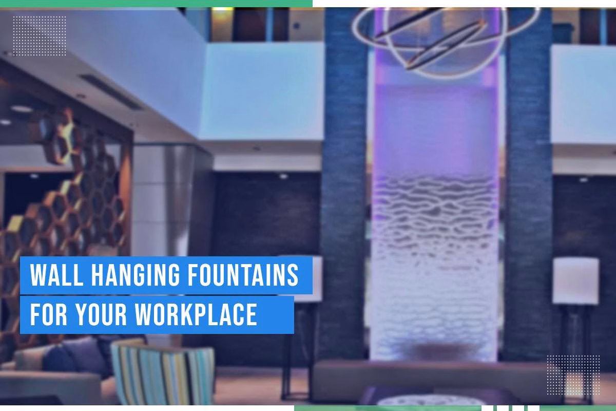 Wall hanging fountain in modern workplace setting, featuring illuminated water feature and stylish decor elements, enhancing indoor ambiance for office environments.