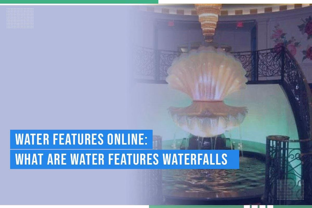 Water feature display with a large shell-shaped fountain, showcasing cascading water, set in an elegant indoor environment, emphasizing the theme of water features and waterfalls.