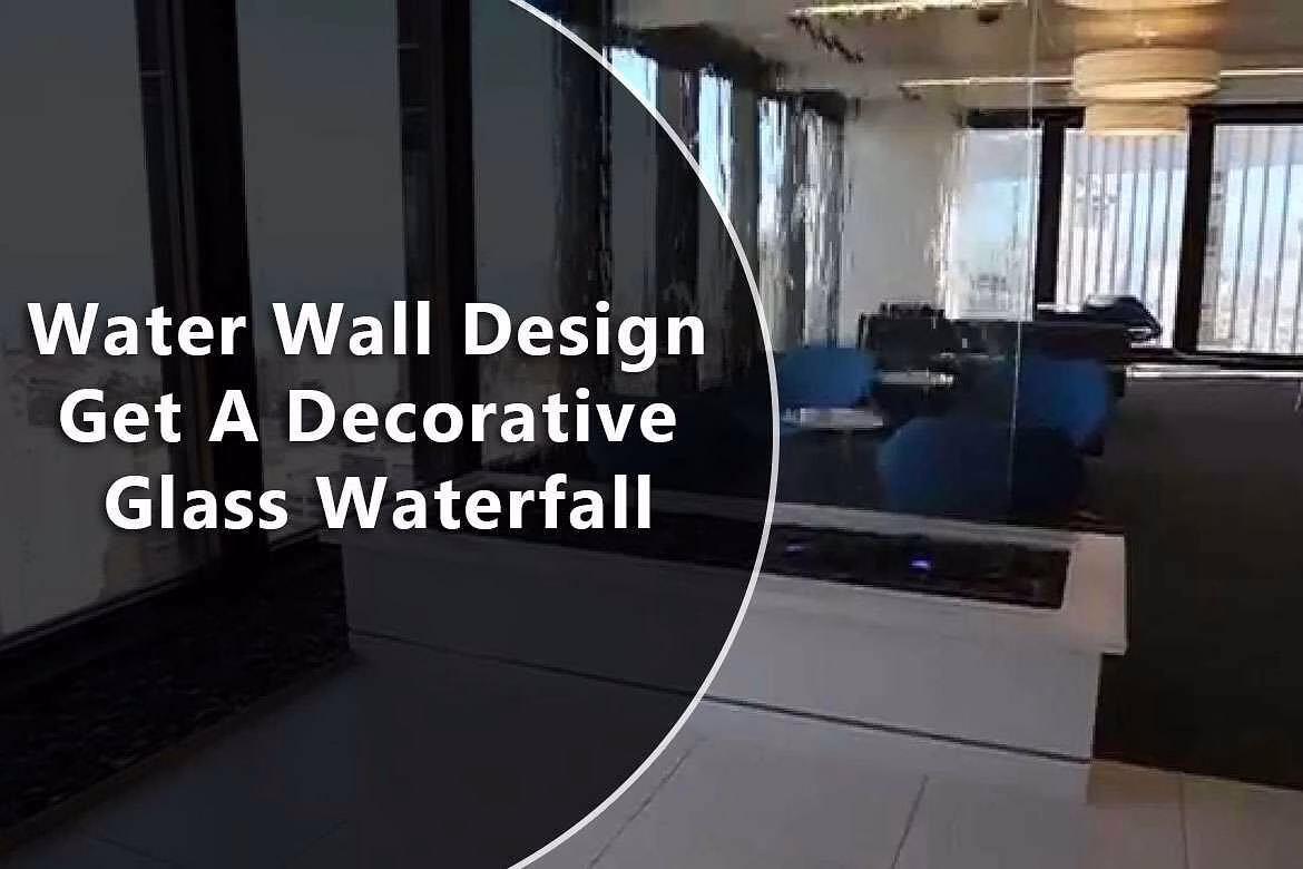Decorative glass waterfall in modern interior setting, showcasing a water wall design with sleek lines and contemporary furnishings.