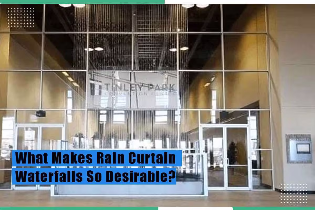 Rain curtain waterfall installation at Tinley Park, showcasing elegant water features in a modern setting, emphasizing the appeal of indoor water walls.