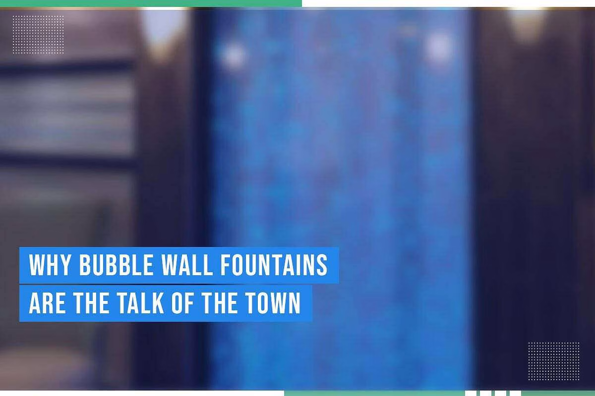 Bubble wall fountain with text overlay highlighting its popularity, showcasing vibrant blue water and modern design elements, relevant to Midwest Tropical's offerings of custom water features.