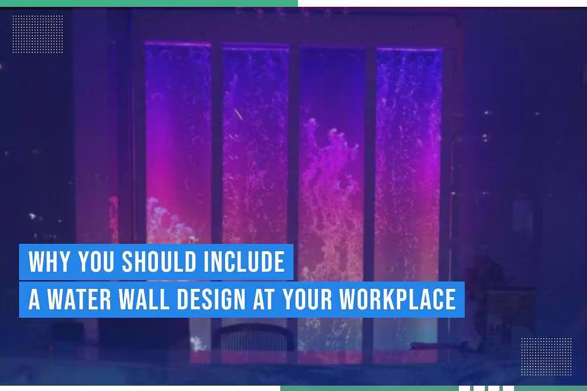 Water wall design featuring vibrant colored water bubbles, emphasizing the benefits of incorporating water features in workplace decor.
