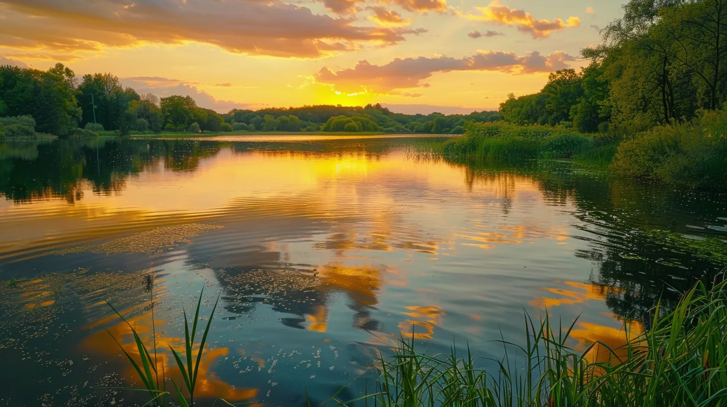 Designing With Interior Water: A Modern Touch 4 a breathtaking, golden sunset casts warm hues over a tranquil lake, reflecting the vibrant colors of the sky and surrounding lush greenery.