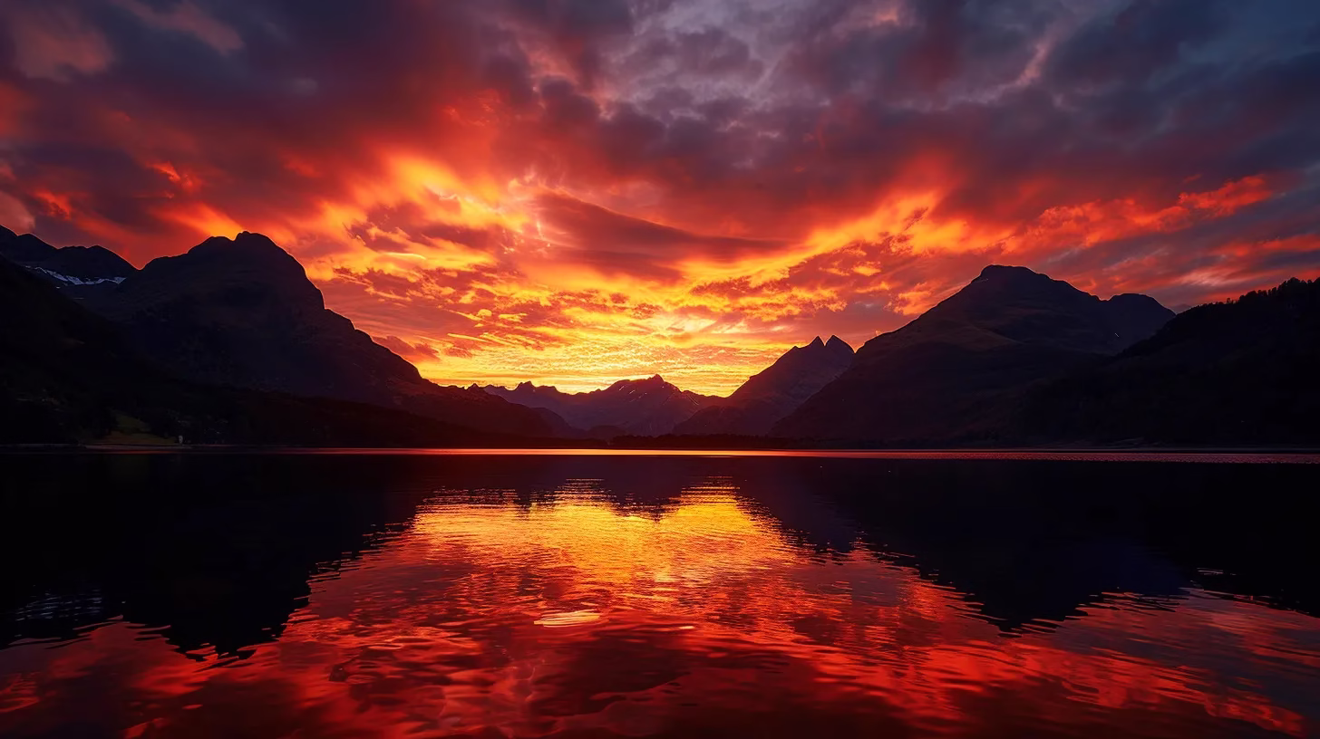 Plan Your Perfect Casino Tour With These Tips 3 a breathtaking landscape at sunrise, featuring majestic mountains silhouetted against a vibrant sky, with tranquil waters reflecting the fiery hues of dawn.