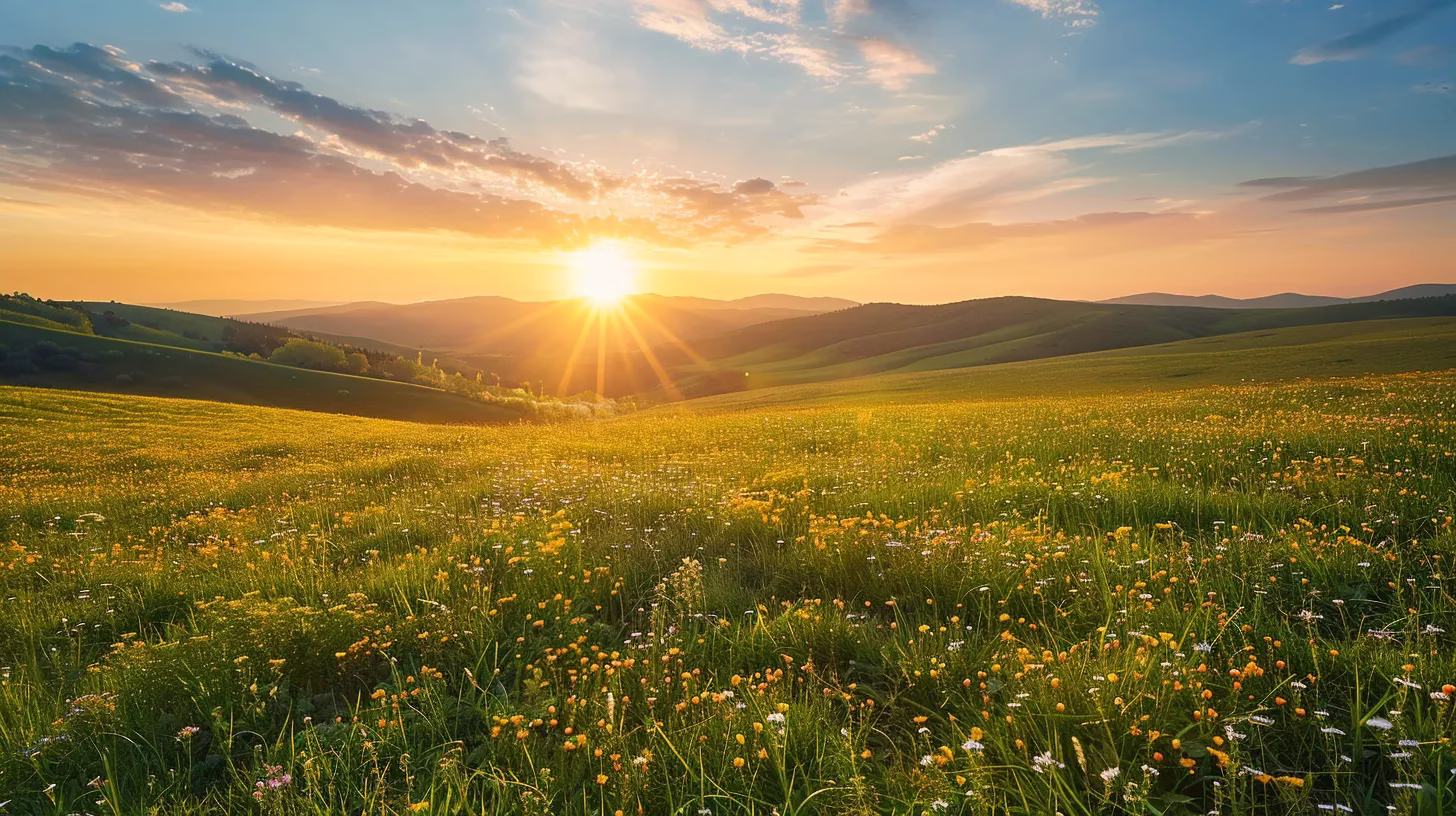 Transform Your Yard With a Beautiful Garden Fountain 1 a breathtaking landscape reveals a vibrant sunset casting golden hues over rolling hills dotted with blooming wildflowers, creating a serene and enchanting atmosphere.