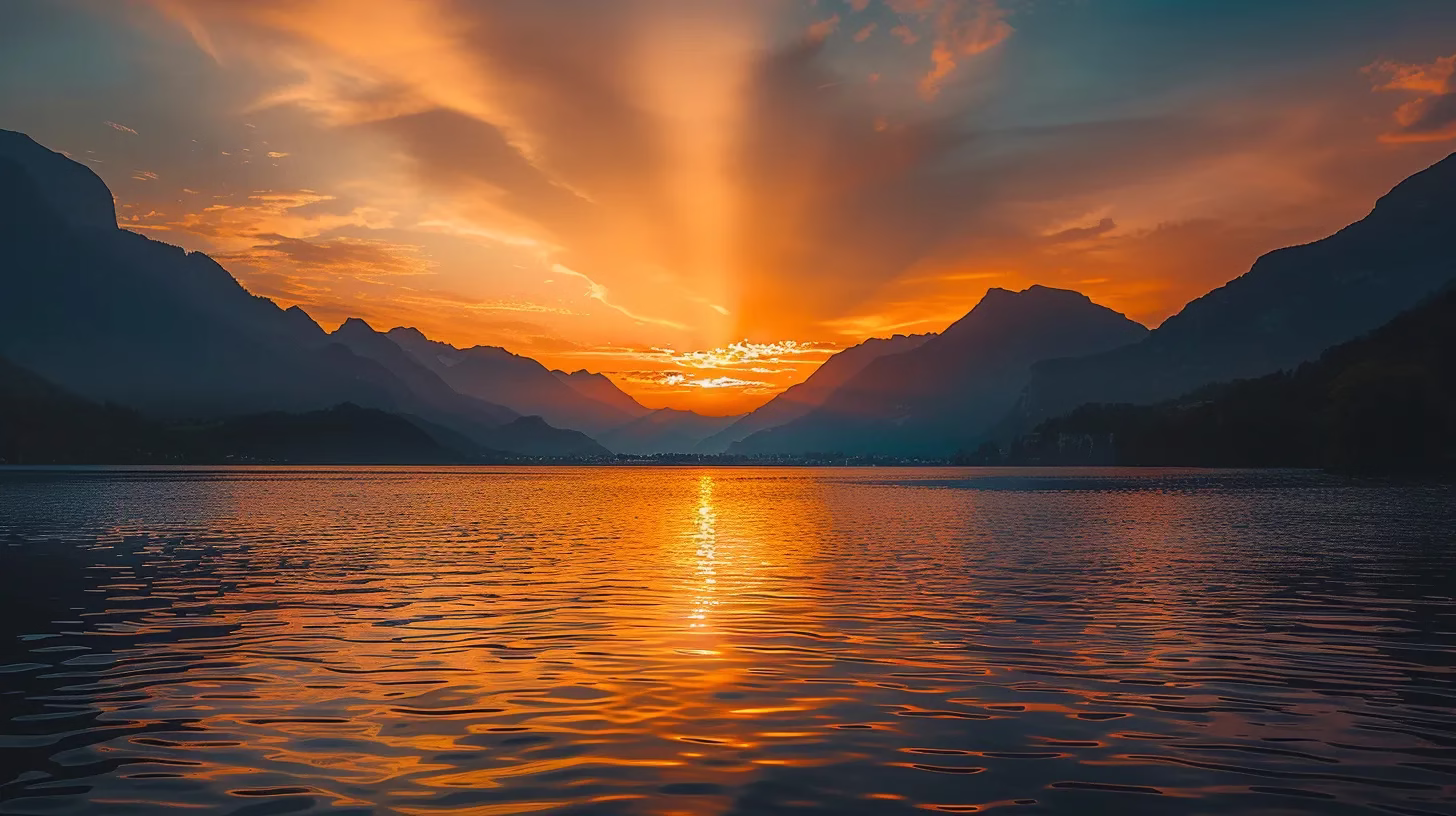Creative Solutions for Excess Patio Water Problems 1 a breathtaking landscape showcases a vibrant sunset casting golden hues over a serene lake, framed by silhouetted mountains in the background.