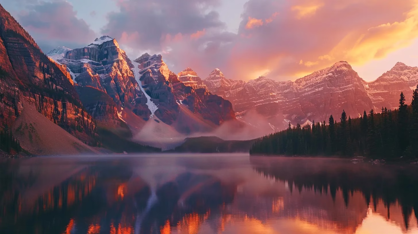 Transform Your Yard With a Beautiful Garden Fountain 4 a breathtaking mountain landscape at sunrise, where vibrant orange and pink hues illuminate the jagged peaks, reflecting in a serene alpine lake surrounded by lush pine forests.