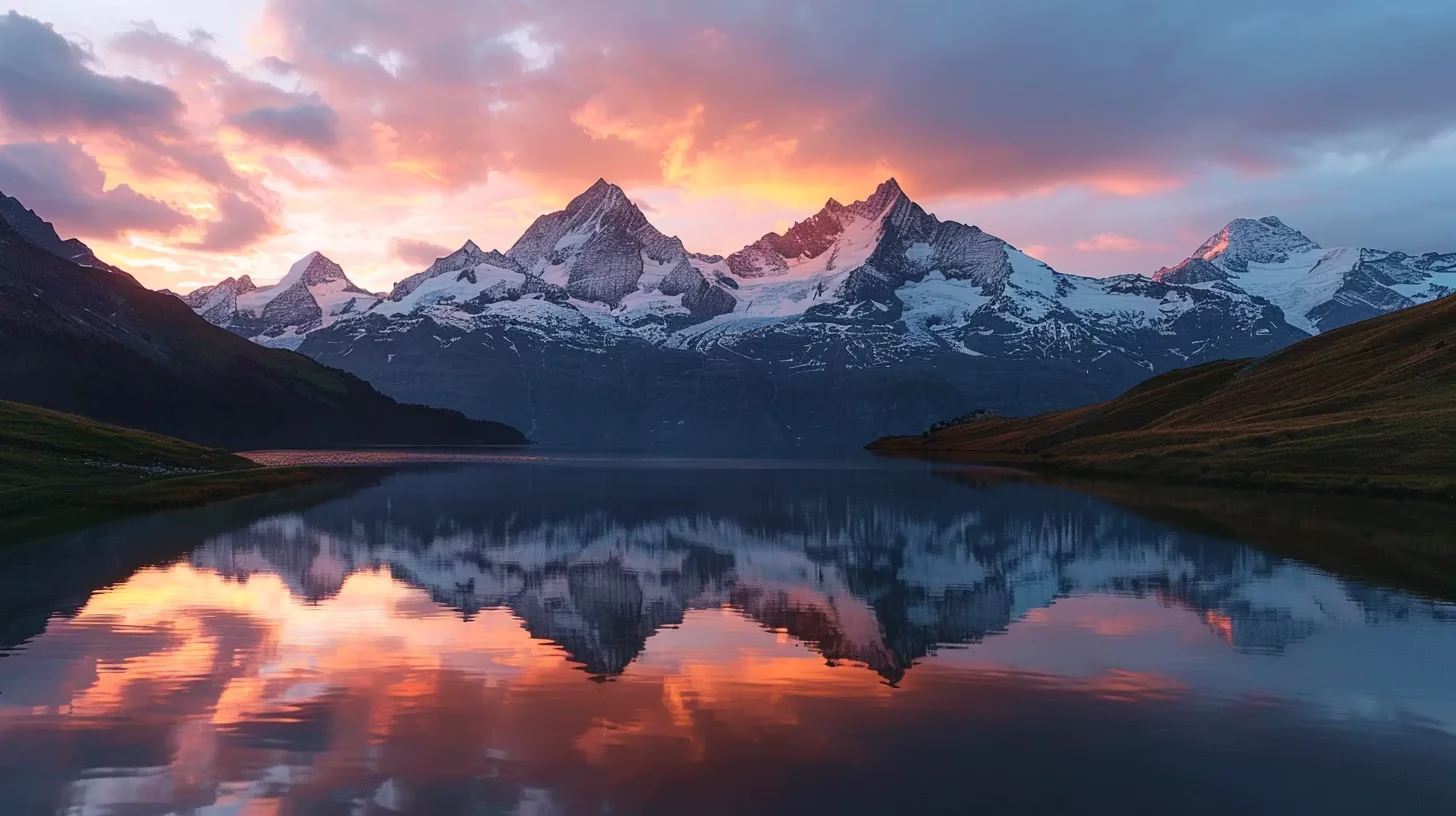 Stylish Garden Decor Options to Reflect Your Personality 5 a breathtaking mountain landscape at sunrise, with vibrant orange and pink hues reflecting off the snow-capped peaks and a serene lake below, capturing the essence of tranquility and natural beauty.