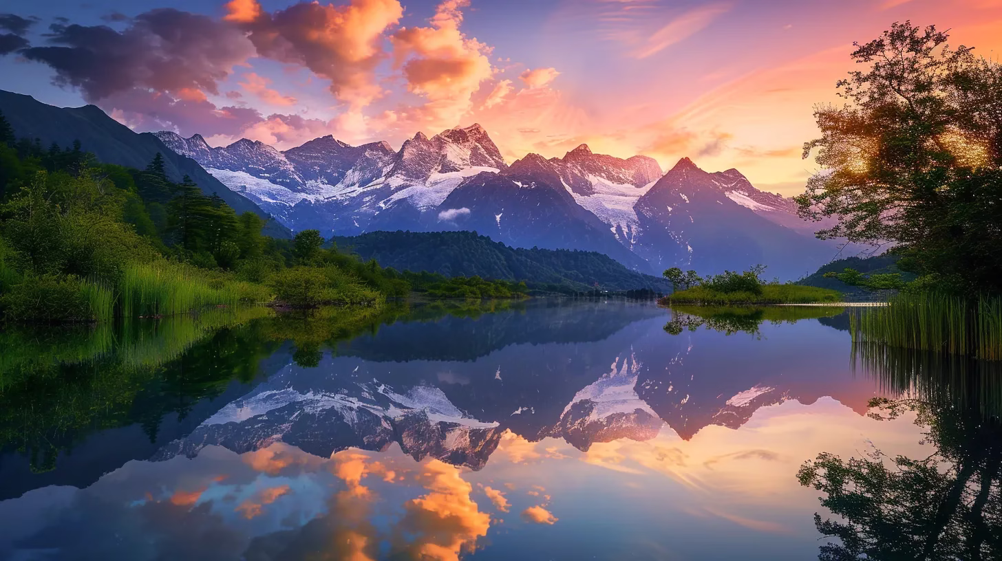 House Fountain Ideas for a Serene Outdoor Environment 6 a breathtaking mountain landscape at sunrise, with vibrant hues of orange and pink illuminating snow-capped peaks reflected in a tranquil lake, surrounded by lush greenery.