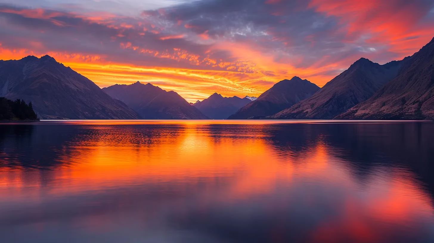 Benefits of Installing a Metal Water Feature Outdoors 5 a breathtaking panoramic view of a vibrant sunset casting golden hues over a tranquil lake, with silhouetted mountains reflecting softly on the water's surface.