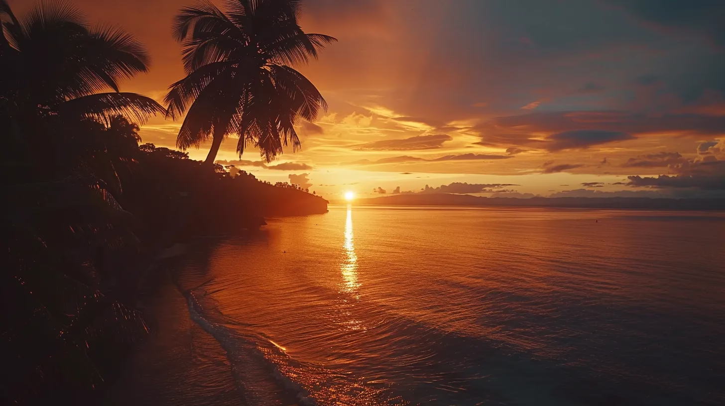 The Art of Building a Natural Rock Wall 2 a breathtaking panoramic view of a vibrant sunset casting warm golden hues over a tranquil ocean, with lush palm trees silhouetted against the colorful sky.