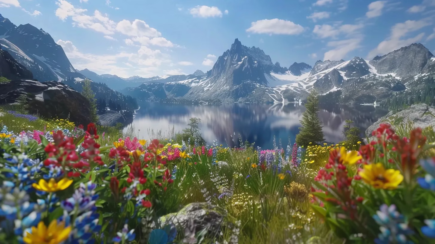Designing With Interior Water: A Modern Touch 5 a breathtaking, sun-drenched mountain landscape stretches into the horizon, with vibrant wildflowers blooming in the foreground and a crystal-clear lake reflecting the majestic peaks above.