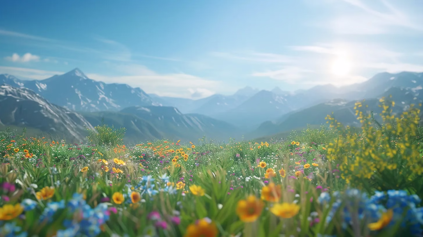 Discover Quality Discount Outdoor Products Available Now 3 a breathtaking, sunlit landscape features a vibrant field of wildflowers under a clear blue sky, with majestic mountains rising in the background, creating a serene and picturesque view.