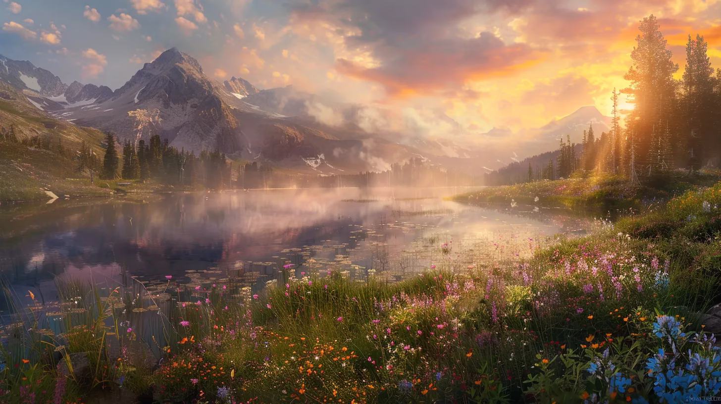 Elements to Consider for a Custom Hanging Water Feature 3 a breathtaking sunrise casts a golden glow over a tranquil lake, with mist rising from the water’s surface and vibrant wildflowers framing the scene, evoking a sense of peace and serenity.