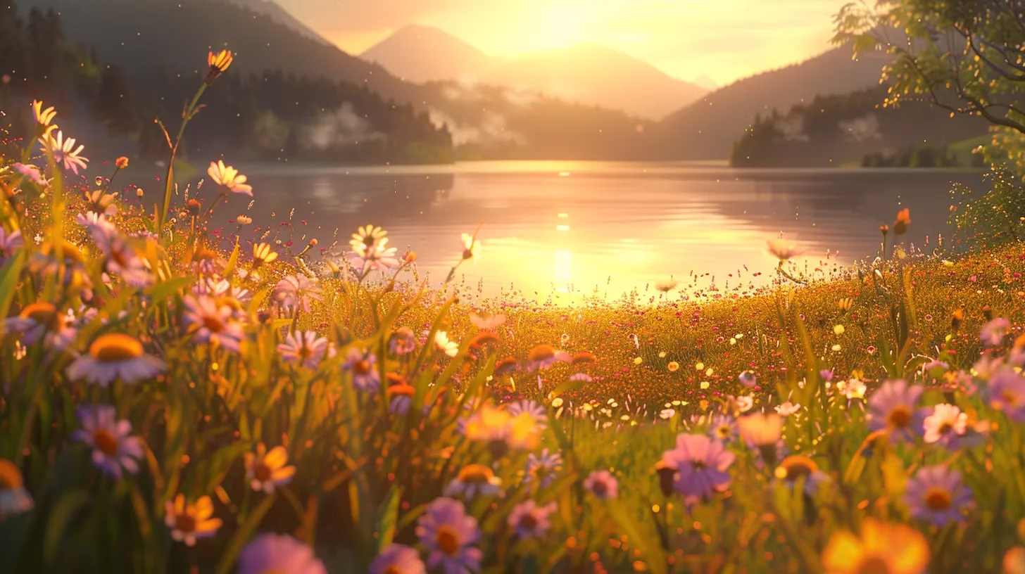 The Ultimate Guide to Buy Waterfall Wall Art 2 a breathtaking sunrise casts a warm golden glow over a tranquil lake, where vibrant wildflowers bloom along the shore, reflecting nature's serene beauty.