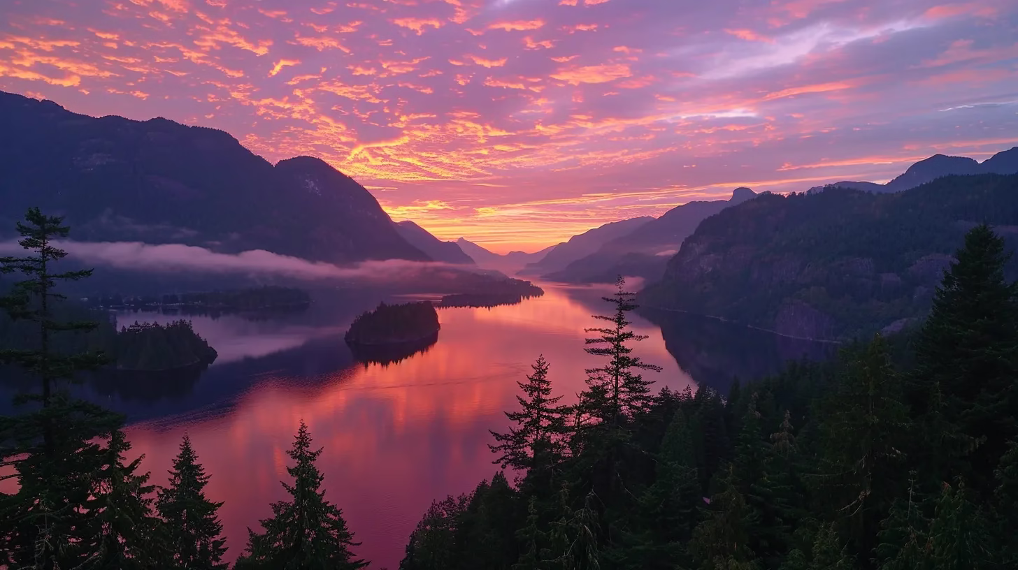 The Magic of LED Water Bubbles in Modern Decor 6 a breathtaking sunrise casts a golden glow over a serene mountain lake, reflecting vibrant pink and orange hues of the sky, framed by lush green pine trees.