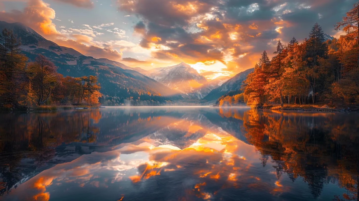 Tips for Designing a Garden Large Enough for Gathering 6 a breathtaking sunrise casts a golden glow over a serene lake surrounded by vibrant autumn foliage, reflecting the colorful trees and tranquil sky in the still water.