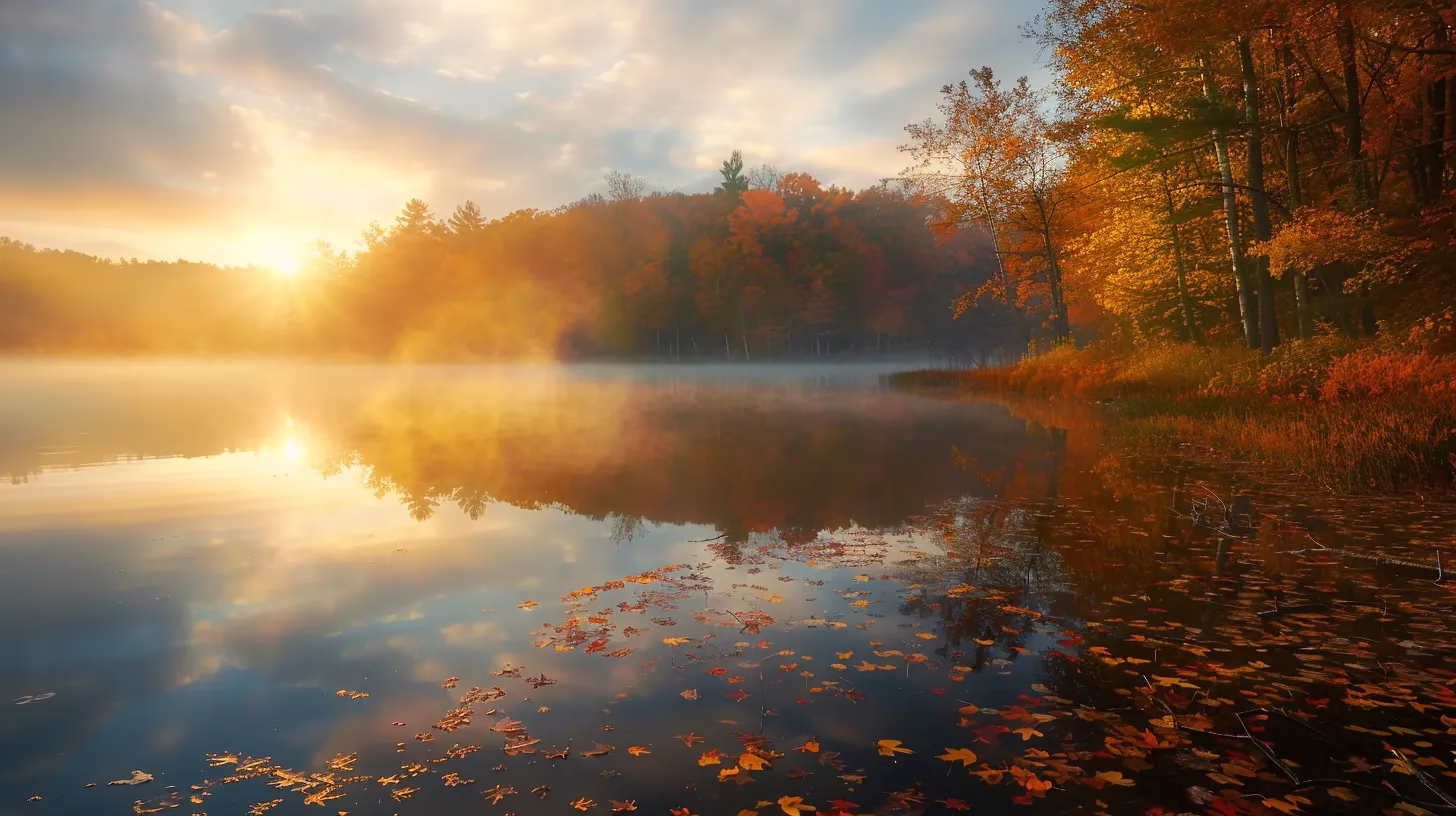 Tips for Achieving Stunning Fountain Design at Home 1 a breathtaking sunrise casts golden light over a tranquil lake, with mist rising from the water's surface and vibrant autumn foliage reflecting in the stillness, creating a serene and enchanting atmosphere.