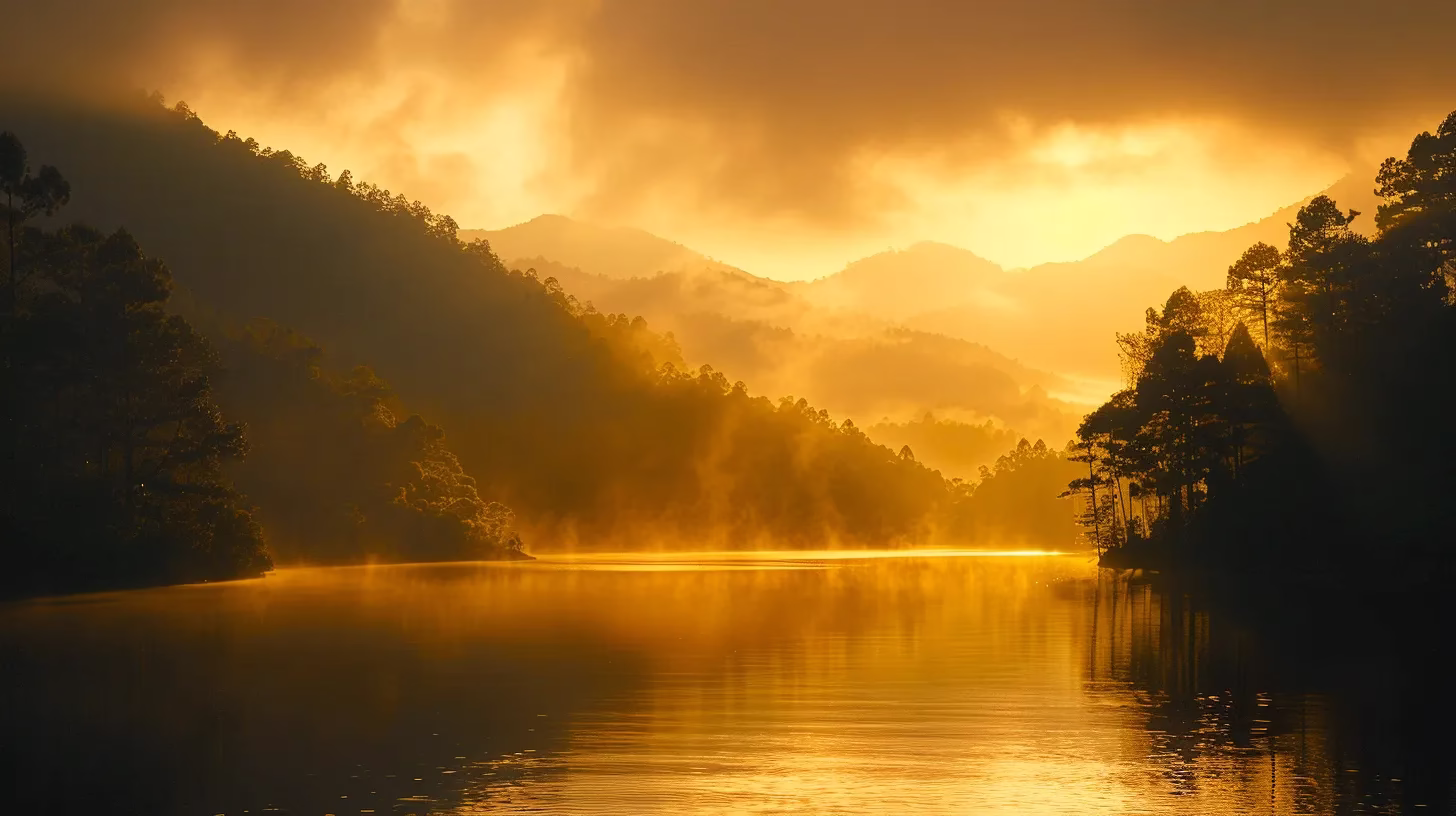 Slate Water Feature Maintenance Tips for Homeowners 2 a breathtaking sunrise casts a warm golden glow over a tranquil lake, surrounded by lush green forests and misty mountains, creating a serene and peaceful atmosphere.