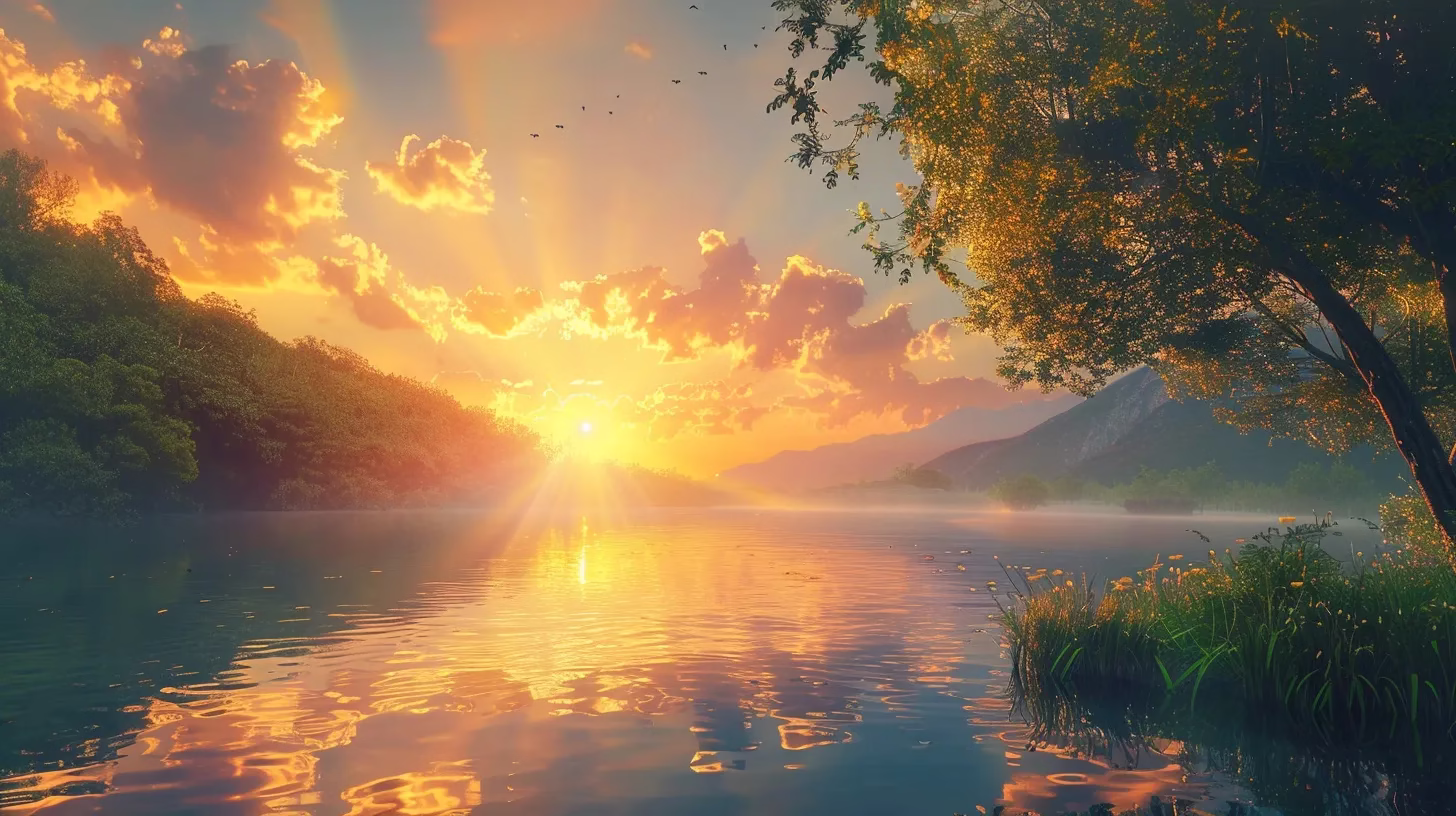 Advantages of Using a Mesh Wall for Outdoor Areas 5 a breathtaking sunrise casts golden rays over a serene lake, its glassy surface reflecting the vibrant colors of the sky and surrounding lush forest.