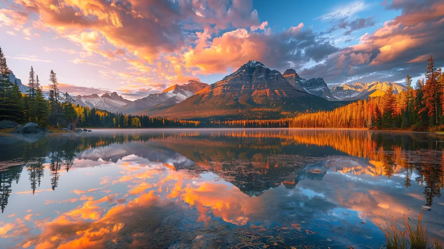 Achieve Elegance With a Beautifully Designed Tall Wall 1 a breathtaking sunrise casts golden rays over a tranquil mountain lake, reflecting the vivid colors of the sky and surrounding peaks in pristine water.