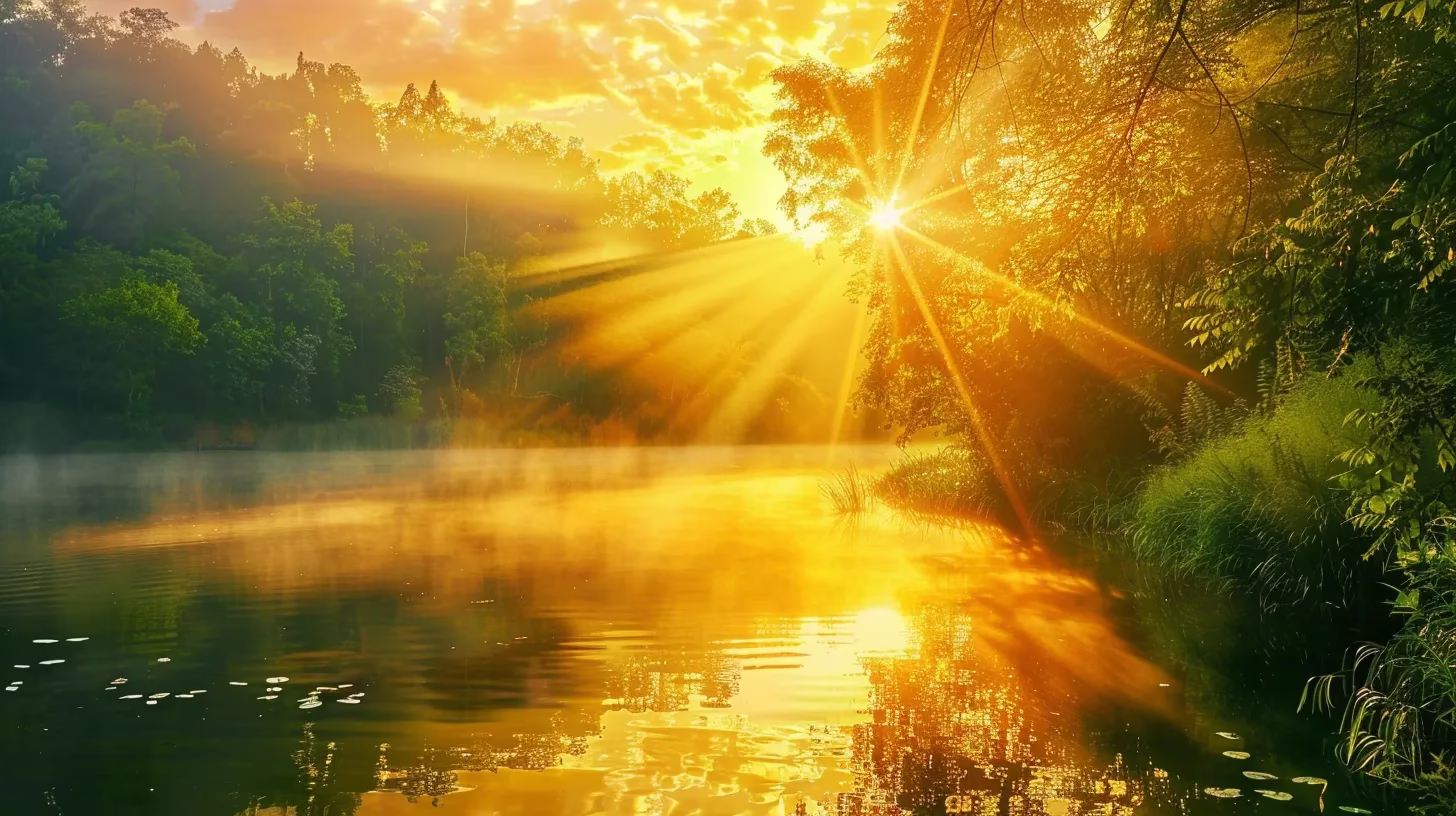 Achieve Elegance With a Beautifully Designed Tall Wall 3 a breathtaking sunrise casts golden rays over a tranquil lake, reflecting the vibrant colors of the sky and surrounding lush greenery, evoking a serene and peaceful atmosphere.