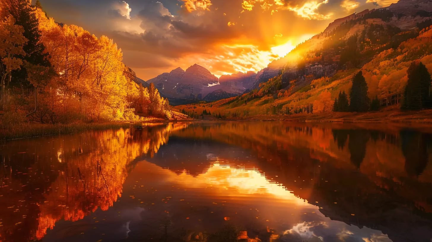 Innovative Ideas for Home Décor Transformation 5 a breathtaking sunrise casts golden light over a tranquil lake, with vibrant autumn foliage reflecting on the water's surface, capturing the serene beauty of nature.