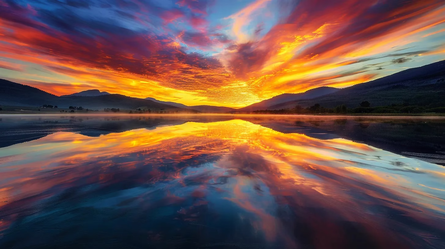 Transform Your Space With a Stunning Fall Water Feature 4 a breathtaking sunrise casts golden hues over a tranquil lake, reflecting the vibrant colors of the sky and surrounding majestic mountains in perfect harmony.