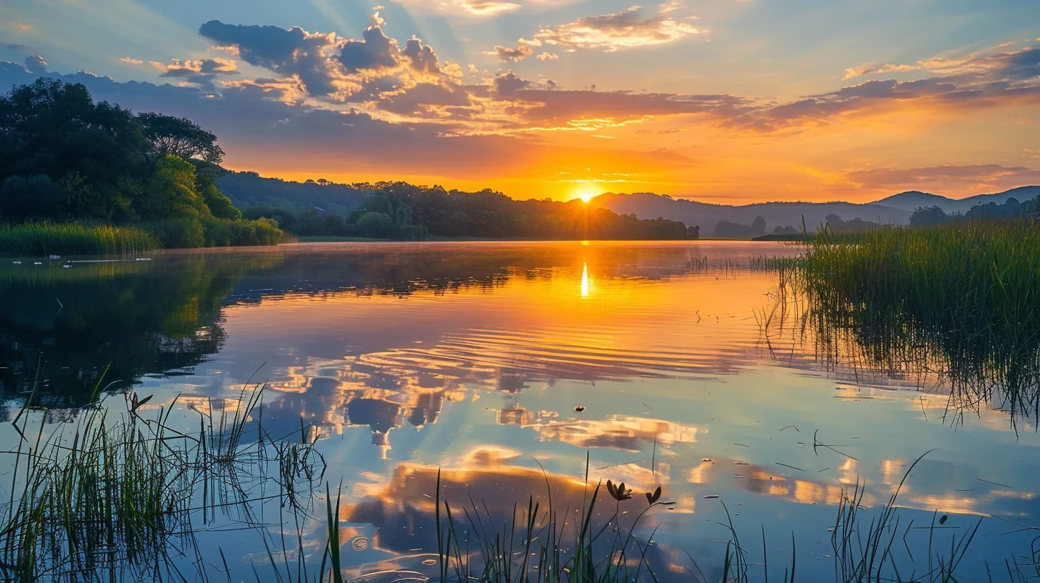 Lightweight Outdoor Solutions for Hiking and Camping 1 a breathtaking sunrise casts warm golden hues over a serene lake, reflecting vibrant colors from the sky and surrounding lush greenery.