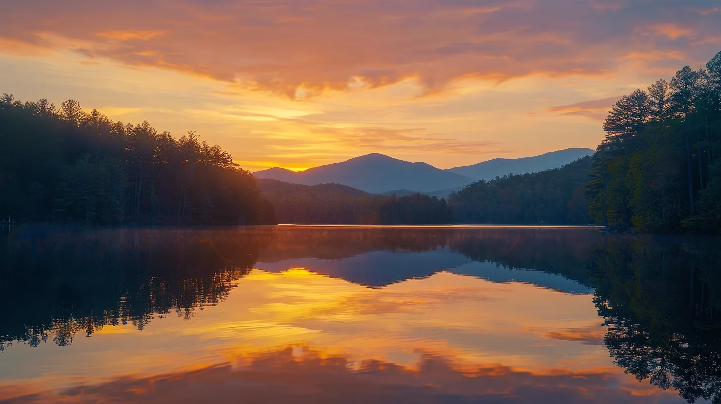 Transform Your Space With an Outdoor Bubble Experience 4 a breathtaking sunrise illuminates a tranquil lake surrounded by majestic mountains, reflecting harmonious hues of orange and pink in the still water.