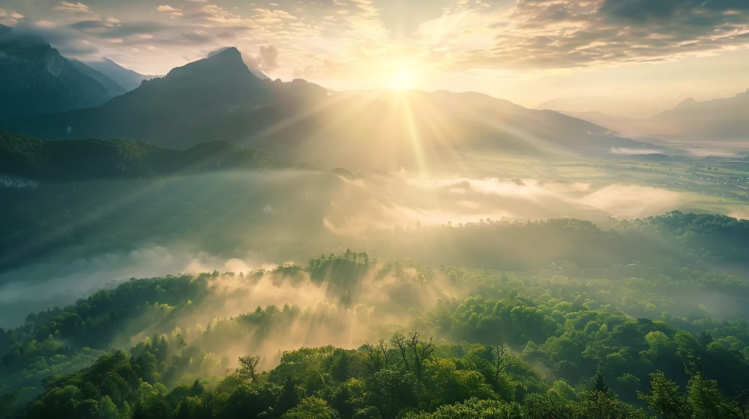 Benefits of Custom Water Features for Outdoor Spaces 4 a breathtaking sunrise illuminates a serene mountain landscape, where mist gently rolls over lush green valleys, creating a tranquil and vibrant atmosphere.