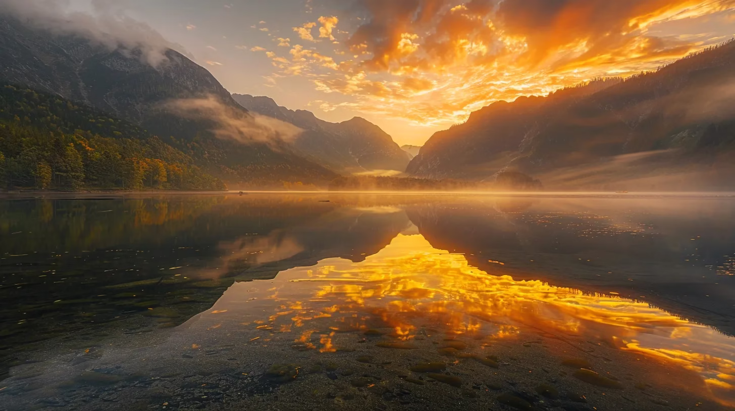 Elevate Your Outdoor Space With Stone Garden Fountains 6 a breathtaking sunrise illuminates a serene mountain landscape, casting golden hues over the tranquil lake reflecting the vibrant sky, while mist gently rises from the water's surface.