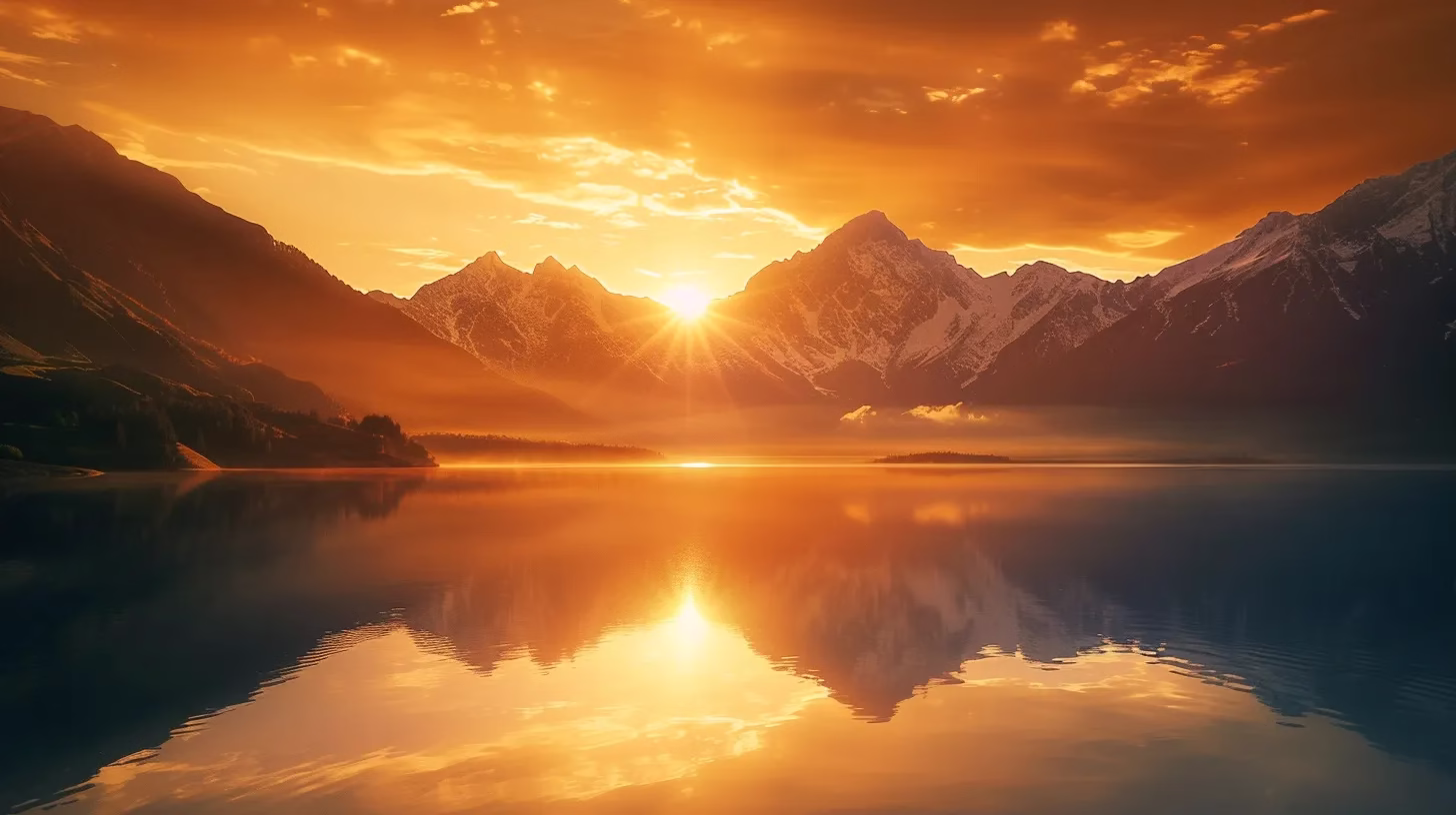 Transform Your Space With a Stunning Fall Water Feature 2 a breathtaking sunrise illuminates a serene mountain landscape, casting warm golden hues over the majestic peaks and reflecting vibrantly in a tranquil lake below.