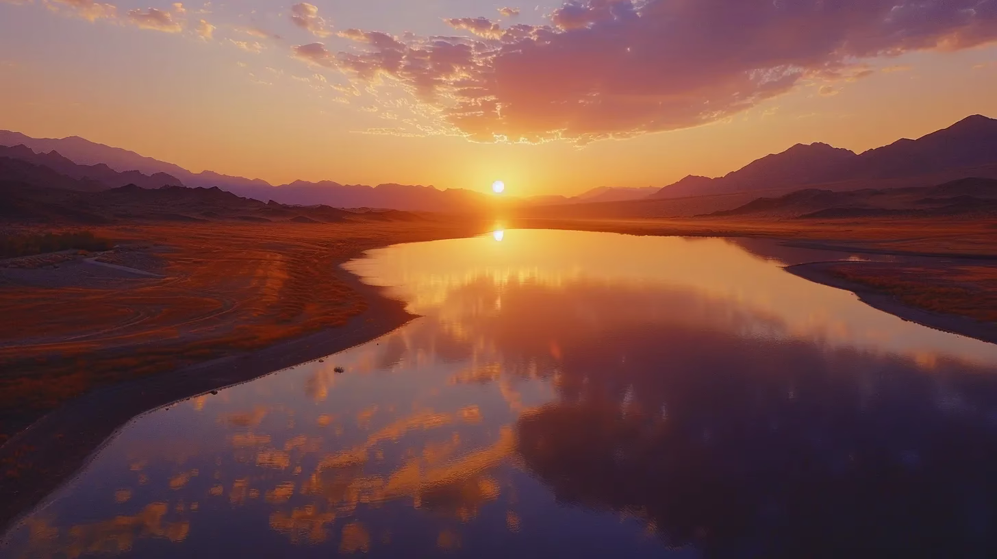 Discover Quality Discount Outdoor Products Available Now 6 a breathtaking sunrise illuminates a vast, tranquil lake surrounded by majestic mountains, creating a serene reflection of vibrant orange and pink hues on the water's surface.